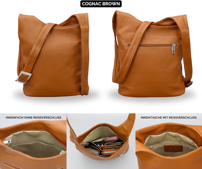 Leren schoudertas, leren Crossbody tas, alledaagse tas met zakken met ritssluiting, cadeaus voor haar, ANJA Cognac Brown