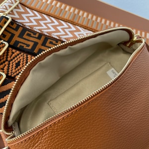 Cognac Brown Belly Bag Leather with Gold Zipper for Women, Leather Shoulder Bag, Crossbody Bag Belt Bag with Strap image 2