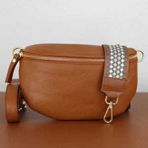 Cognac Brown Belly Bag Leather with Gold Zipper for Women, Leather Shoulder Bag, Crossbody Bag Belt Bag with Strap image 10