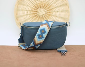 Sac ventre en cuir bleu jean pour femme avec finitions argentées, sac à bandoulière en cuir, sac à bandoulière avec bandoulière, cadeau pour elle