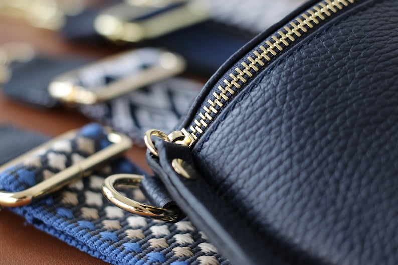 Navy Blue Belly Medium Size Bag with Gold Zipper for Women, Leather Shoulder Bag, Crossbody Bag Belt Bag with Strap zdjęcie 2