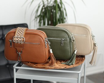 Leren crossbodytas met extra riem, zilveren ritssluiting, leren schoudertas, alledaagse tas, heuptasje en riem met patroon