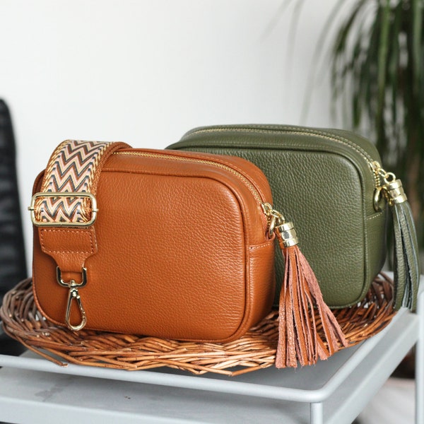 Leather Crossbody Bag with extra Strap, GOLD zippered, Leather Shoulder Bag, Everyday bag, Fanny pack and Patterned Belt