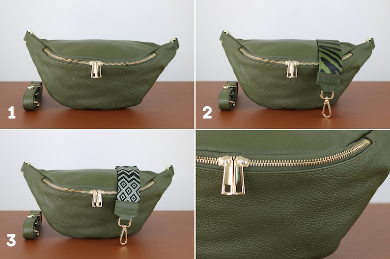 Bauchtasche Leder für Frauen, mit goldenem Reißverschluss, Schultertasche mit breitem Riemen, Geschenke Frauen, Gürteltasche Frauen, Alltagstasche Bild 7