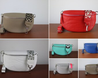 Belly Bag Leather for Women with 2 Straps, Leather Shoulder Bag, Crossbody Bag Belt Bag with Patterned Strap