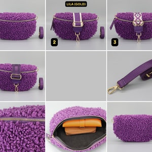 Medium Size Teddy Fell Belly Bag for Women with gold zipper, Shoulder Bag, Crossbody Bag Belt Bag with Strap, bag for winter Purple