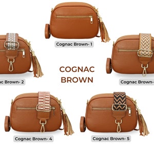 Leren crossbodytas met extra riem, GOUDEN ritssluiting, leren schoudertas, alledaagse tas, heuptasje en riem met patroon Cognac Brown