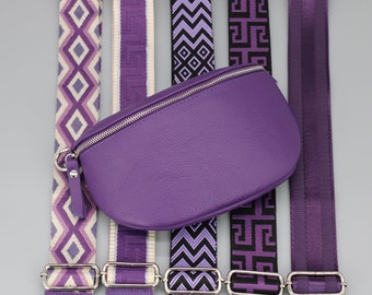 Sac à bandoulière en cuir pour femme violet avec fermeture éclair argentée, sac banane avec bandoulière, sac à bandoulière en cuir véritable, cadeau pour elle