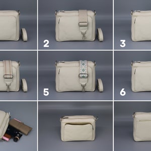 Leder Crossbody Bag mit extra Gurt, Leder Umhängetasche, Alltagstasche, Fanny Pack und gemusterten Gürtel, Geschenk für Sie Beige