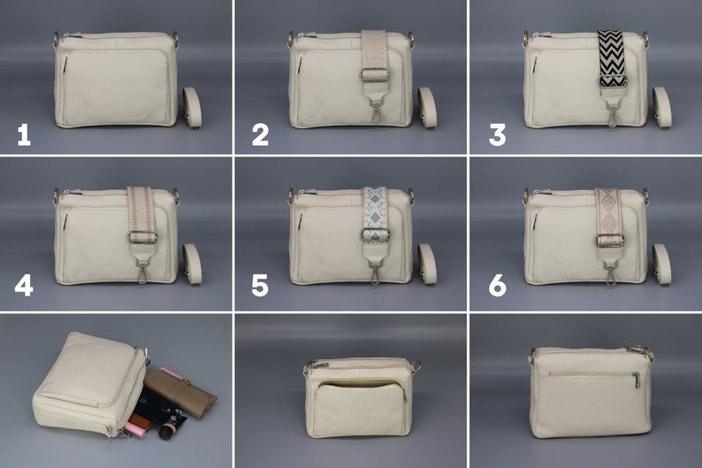 Leder Crossbody Bag mit extra Gurt, Leder Umhängetasche, Alltagstasche, Fanny Pack und gemusterten Gürtel, Geschenk für Sie Beige