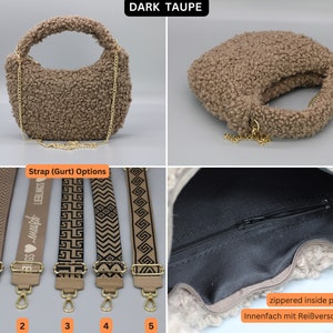 Sac à bandoulière Teddy Fell, sac à main en cuir, sacs crossbody mignons, sacs crossbody en polaire moelleuse, cadeau pour elle Dark Taupe