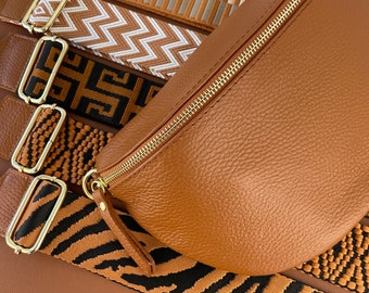 Cognac Bruin Buiktasje Leer met Gouden Rits voor Dames, Leren Schoudertas, Crossbody Tas Heuptasje met Riem