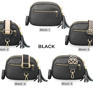 Leren crossbodytas met extra riem, GOUDEN ritssluiting, leren schoudertas, alledaagse tas, heuptasje en riem met patroon Black