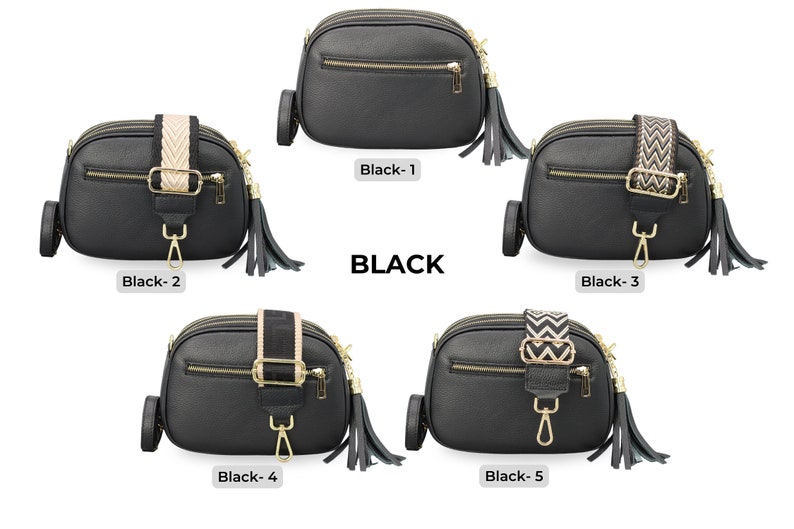 Leren crossbodytas met extra riem, GOUDEN ritssluiting, leren schoudertas, alledaagse tas, heuptasje en riem met patroon Black