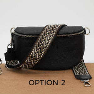 Bauchtasche Schwarz Leder für Frauen, Leder Umhängetasche, Crossbody Bag Gürteltasche mit Riemen, Geschenk für Sie Option-2