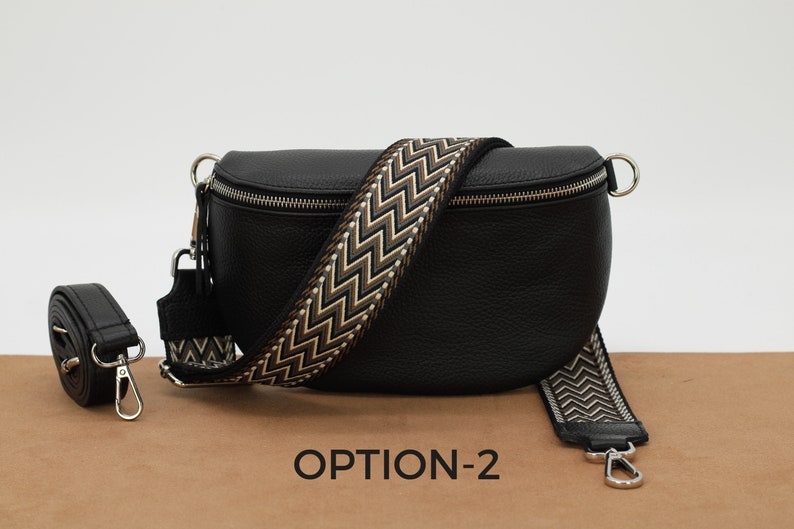 Bauchtasche Schwarz Leder für Frauen, Leder Umhängetasche, Crossbody Bag Gürteltasche mit Riemen, Geschenk für Sie Option-2