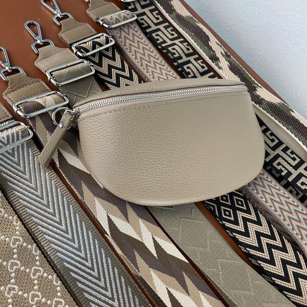 Medium Size Taupe Belly Bag Leather with Silver Zipper for Women, Leather Shoulder Bag, Crossbody Bag Belt Bag with Strap