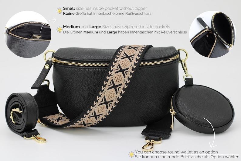 Schwarze Leder Bauchtasche für Frauen mit Gold-Hardwares, Leder Schultertasche, Crossbody Bag Gürteltasche mit Riemen, Geschenk für Sie Bild 2