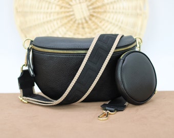 Schwarze Leder Bauchtasche für Frauen mit Gold-Hardwares, Leder Schultertasche, Crossbody Bag Gürteltasche mit Riemen, Geschenk für Sie