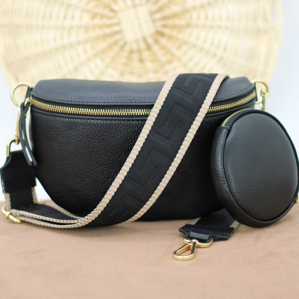 Schwarze Leder Bauchtasche für Frauen mit Gold-Hardwares, Leder Schultertasche, Crossbody Bag Gürteltasche mit Riemen, Geschenk für Sie