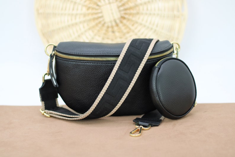 Black Leather Belly Bag for Women with Gold Hardware, Leather Shoulder Bag, Crossbody Bag Belt Bag with Strap, gift for her