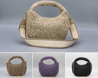 Bolso de hombro Teddy Fell, bolso de cuero, lindos bolsos crossbody, bolsos crossbody de vellón esponjoso, regalo para ella