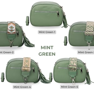 Leder Umhängetasche mit extra Gurt, silberner Reißverschluss, Leder Umhängetasche, Alltagstasche, Bauchtasche und gemusterter Gürtel Mint Green