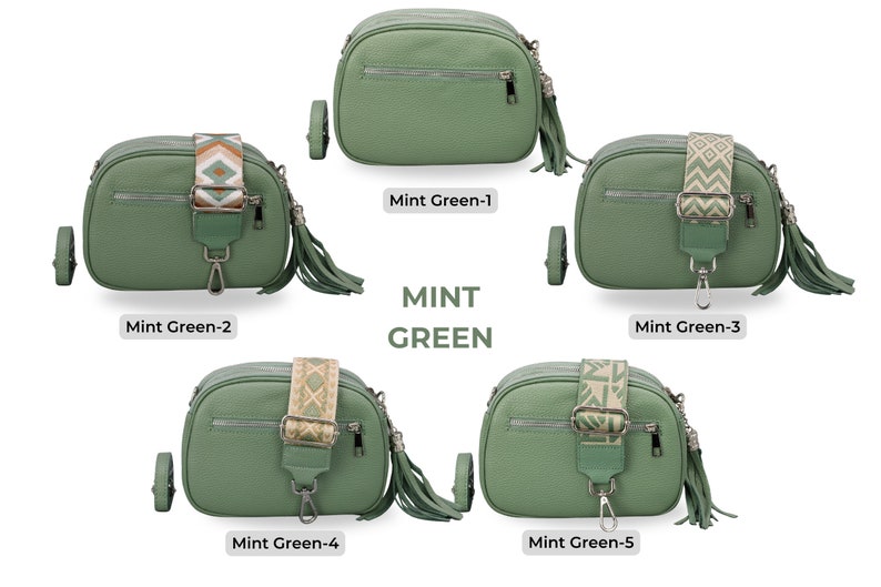 Leder Umhängetasche mit extra Gurt, silberner Reißverschluss, Leder Umhängetasche, Alltagstasche, Bauchtasche und gemusterter Gürtel Mint Green