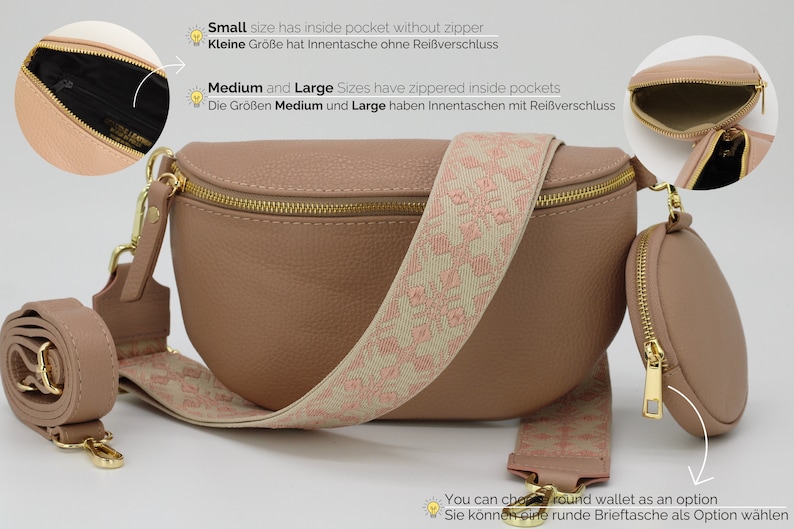 Rosa Leder Bauchtasche für Frauen mit Gold-Hardwares, Leder Schultertasche, Crossbody Bag Gürteltasche mit Gurt, Geschenk für Sie Bild 2