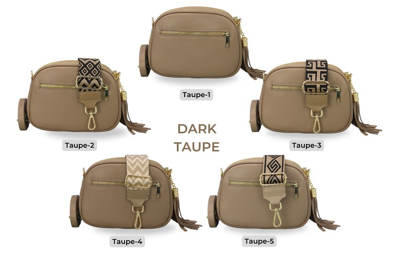 Leren crossbodytas met extra riem, GOUDEN ritssluiting, leren schoudertas, alledaagse tas, heuptasje en riem met patroon Dark Taupe