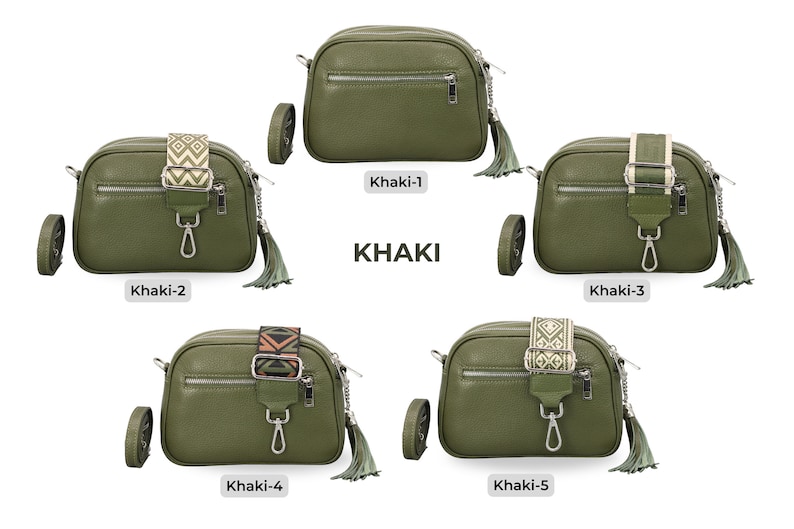 Leder Umhängetasche mit extra Gurt, silberner Reißverschluss, Leder Umhängetasche, Alltagstasche, Bauchtasche und gemusterter Gürtel Khaki