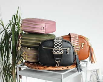 Leather Crossbody Bag with extra Strap, GOLD zippered, Leather Shoulder Bag, Everyday bag, Fanny pack and Patterned Belt