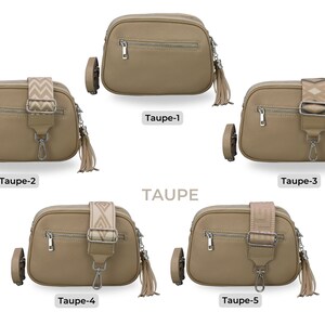 Leren crossbodytas met extra riem, zilveren ritssluiting, leren schoudertas, alledaagse tas, heuptasje en riem met patroon Taupe