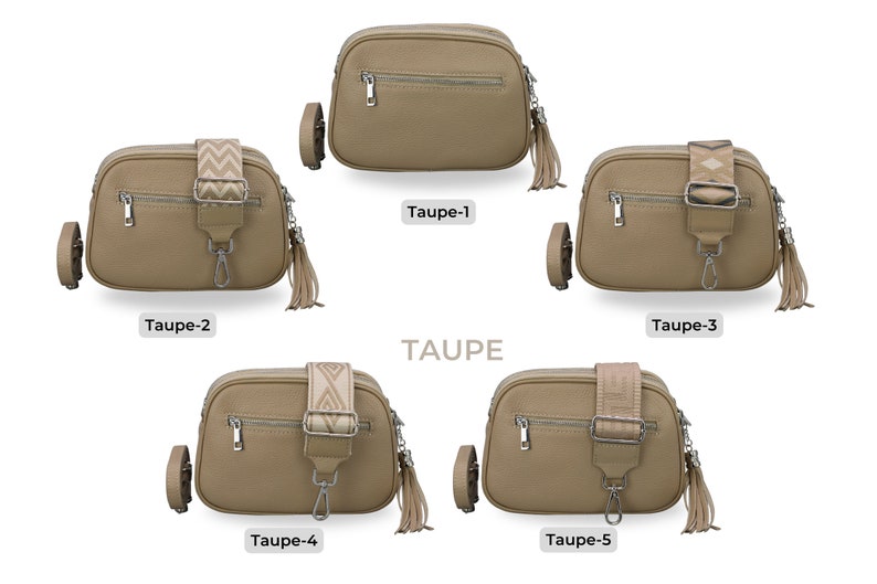 Leren crossbodytas met extra riem, zilveren ritssluiting, leren schoudertas, alledaagse tas, heuptasje en riem met patroon Taupe