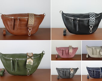 Belly Bag with Silver Zipper Women Leather, Larger Leather Shoulder Bag Crossbody Bag Belt Bag with LEATHER STRAP