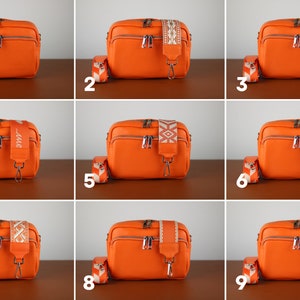 Leren crossbodytas met extra riem, leren schoudertas, alledaagse tas, heuptasje en riem met patroon, oranje, roze. Wit, groen afbeelding 2