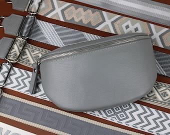 Leather Crossbody Bag for Women Light Gray with Silver Zipper,  Belly Bag with Strap, Genuine Leather Shoulder Bag, Gift for her