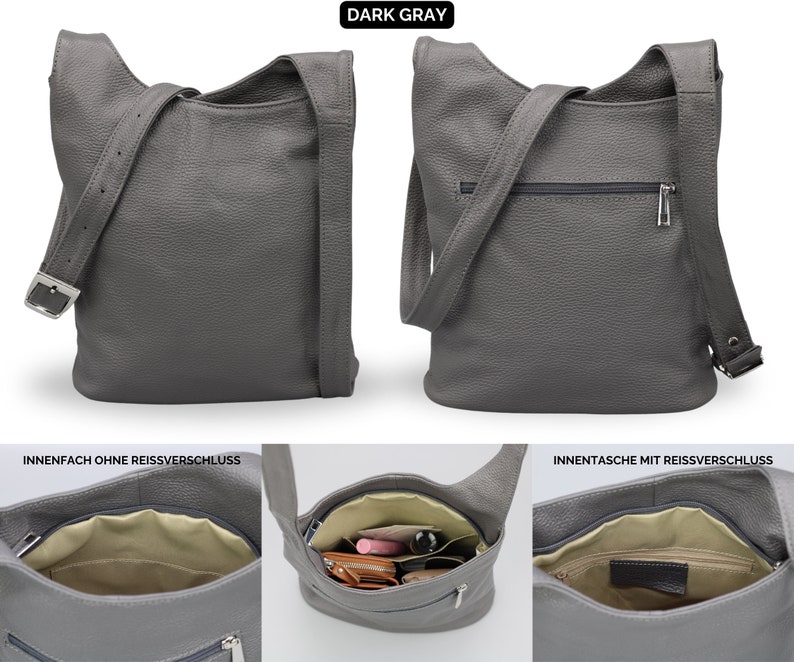 Leren schoudertas, leren Crossbody tas, alledaagse tas met zakken met ritssluiting, cadeaus voor haar, ANJA Dark Gray