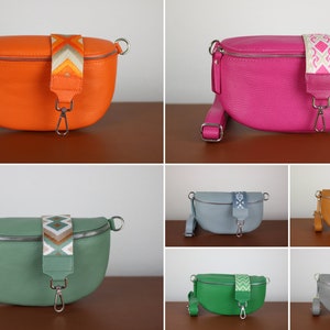 Belly Bag Leather for Women with 2 Straps, Leather Shoulder Bag, Crossbody Bag Belt Bag with Patterned Strap