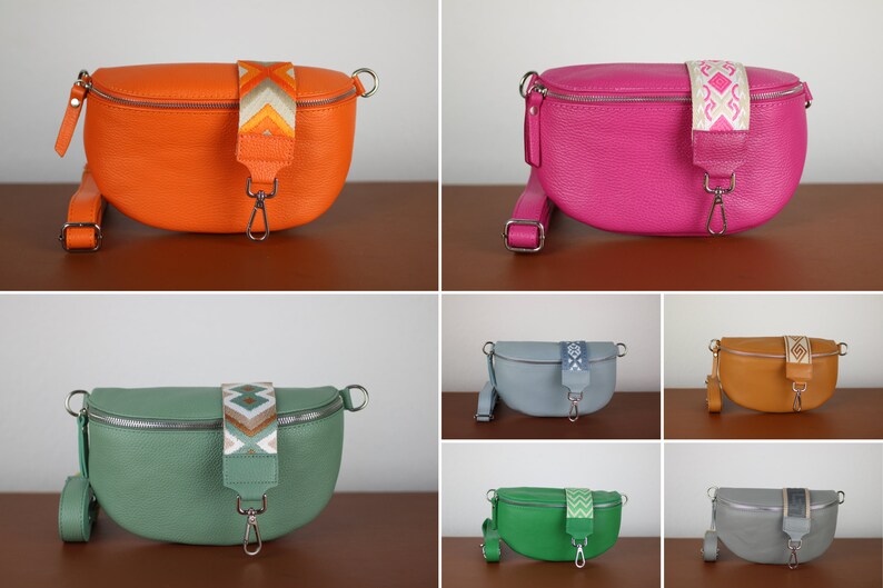 Belly Bag Leather for Women with 2 Straps, Leather Shoulder Bag, Crossbody Bag Belt Bag with Patterned Strap