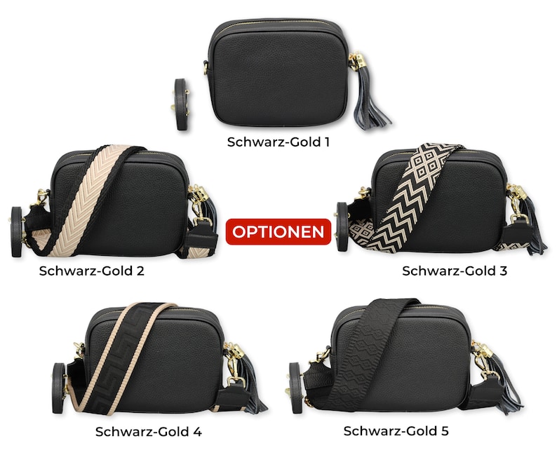 Umhängetasche aus Leder mit extra Gurt, GOLD-Reißverschluss, Umhängetasche aus Leder, Alltagstasche, Bauchtasche und gemustertem Gürtel Black