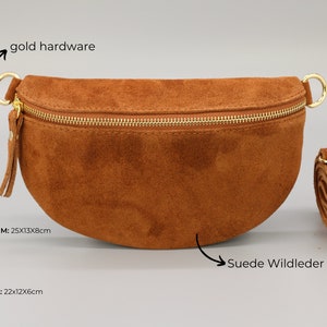 Wildleder Cognac Braune Bauchtasche für Frauen mit Gold Reißverschluss, Bauchtasche mit Riemen, Echtes Leder Umhängetasche, Geschenk für sie Bild 2