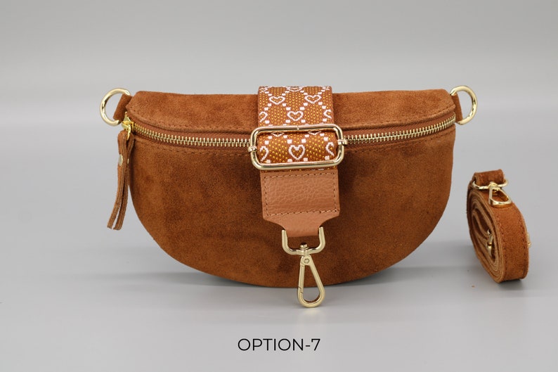 Wildleder Cognac Braune Bauchtasche für Frauen mit Gold Reißverschluss, Bauchtasche mit Riemen, Echtes Leder Umhängetasche, Geschenk für sie Option-7