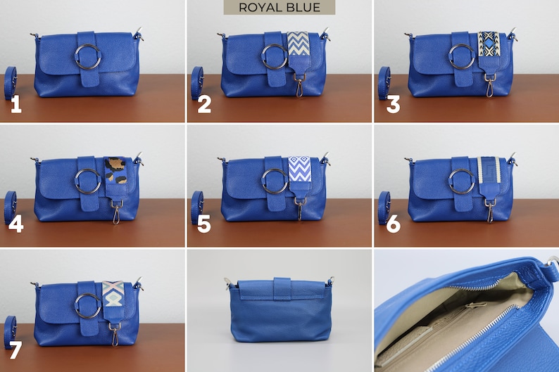 Umhängetasche aus Leder mit extra Gurt, Schultertasche aus Leder, Alltagstasche, Bauchtasche und gemustertem Gürtel Royal Blue