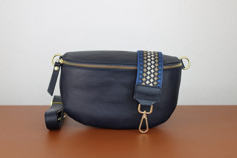 Navy Blue Belly Medium Size Bag with Gold Zipper for Women, Leather Shoulder Bag, Crossbody Bag Belt Bag with Strap Option-2
