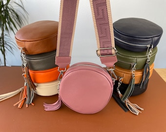 Umhängetasche aus Leder für Frauen, Crossbody-tasche mit Riemen, Bauchtasche aus echtem Leder, runde Tasche.