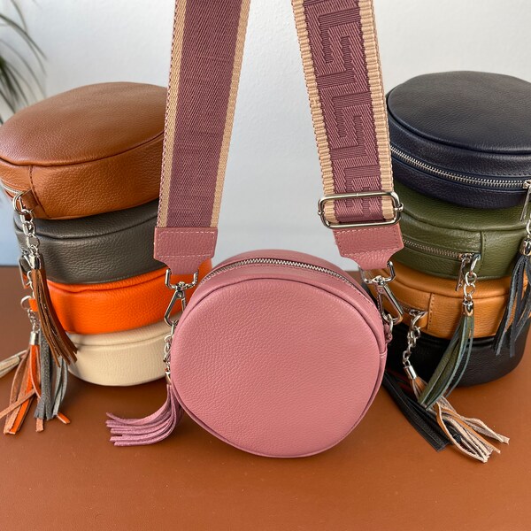 Leather Shoulder Bags for Women, Crossbody Bag with Strap, Genuine Leather Belly Bag, Round Bag.