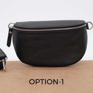 Bauchtasche Schwarz Leder für Frauen, Leder Umhängetasche, Crossbody Bag Gürteltasche mit Riemen, Geschenk für Sie Option-1