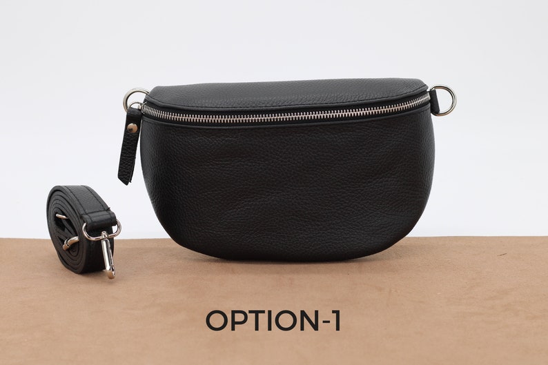 Bauchtasche Schwarz Leder für Frauen, Leder Umhängetasche, Crossbody Bag Gürteltasche mit Riemen, Geschenk für Sie Option-1