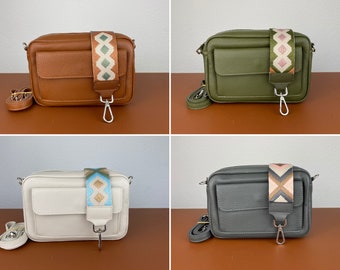 Leren crossbodytas met extra riem, leren schoudertas, alledaagse tas, heuptasje en riem met patroon